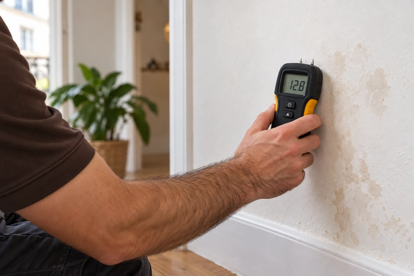 Mesure de l'humidité d'un mur taché au bas d'une cloison avec un humidimètre à pointes
