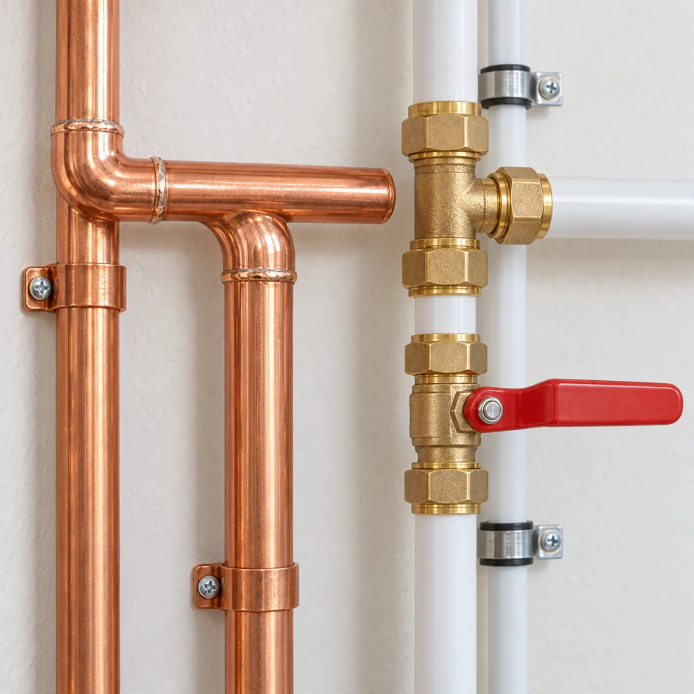 Tuyauterie cuivre et PER avec raccords laiton et vanne d'arrêt quart de tour